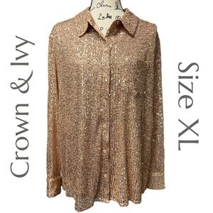 Crown & Ivy - Gold Sequin Button-Up Shirt - Festive Glam Top - Size XL